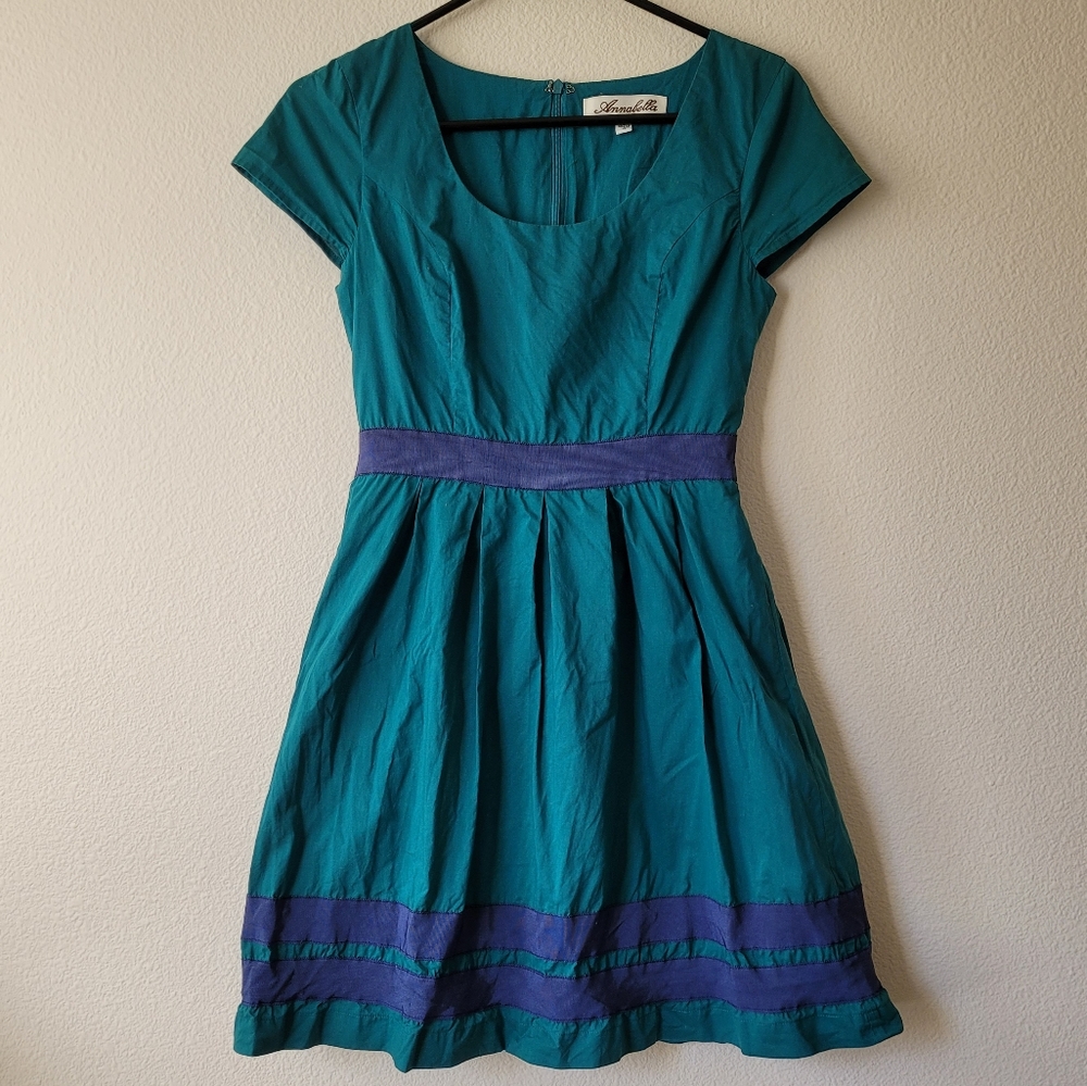 Annabella Teal Dress Lined Cap Sleeve Flair Babydoll